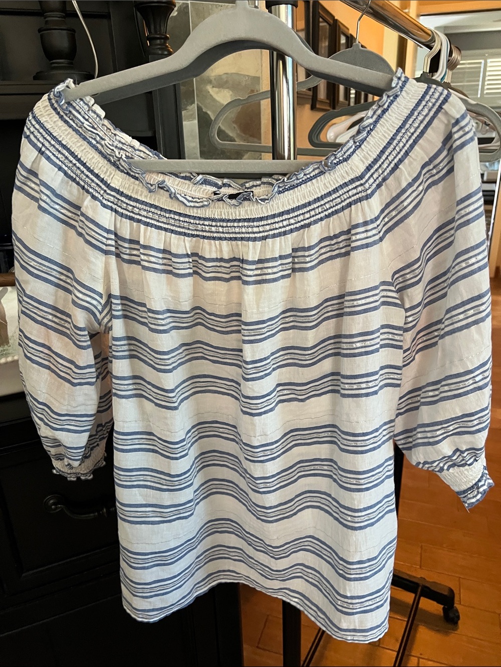 INC International Concepts White and Blue Striped Off-Shoulder Tunic
